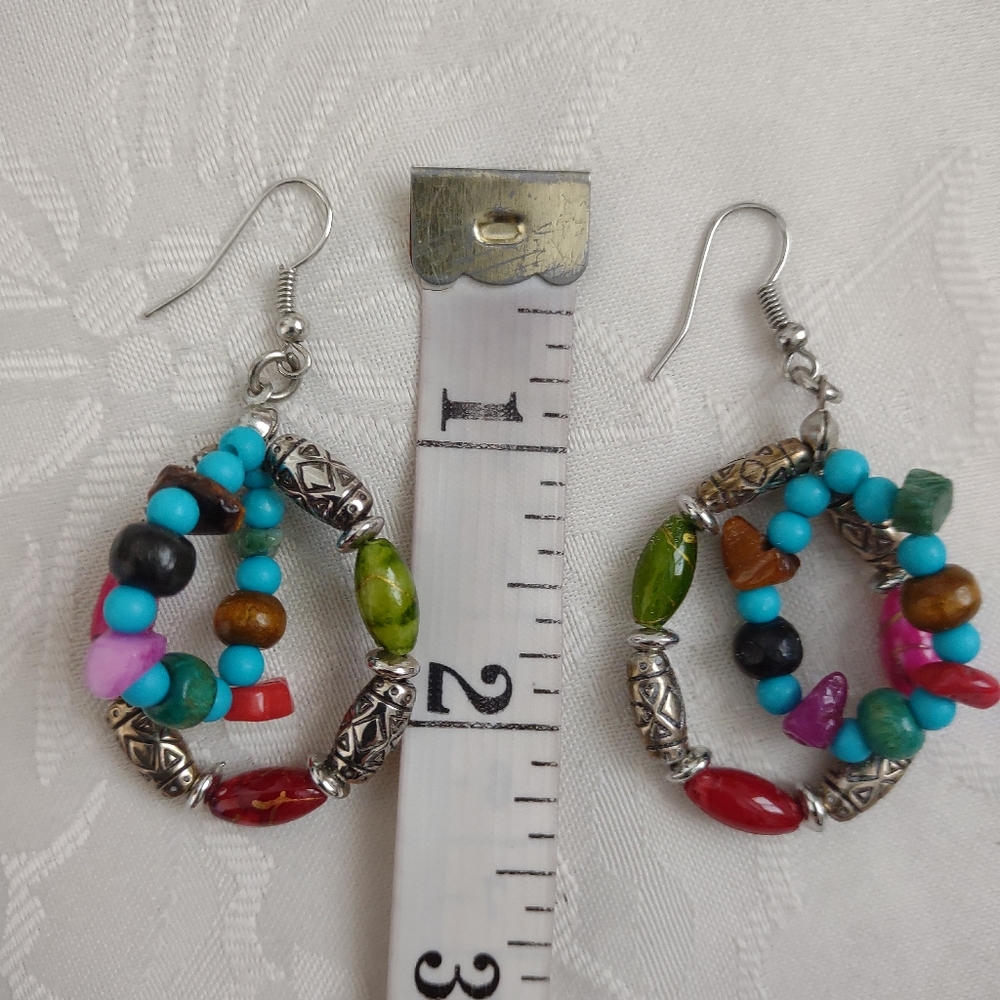 Multi Color Gems Silver Hoops Drop Dangle Earrings View 4